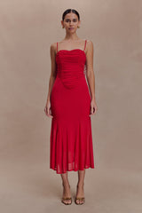 Willa Gathered Mesh Midi Dress - Ruby
