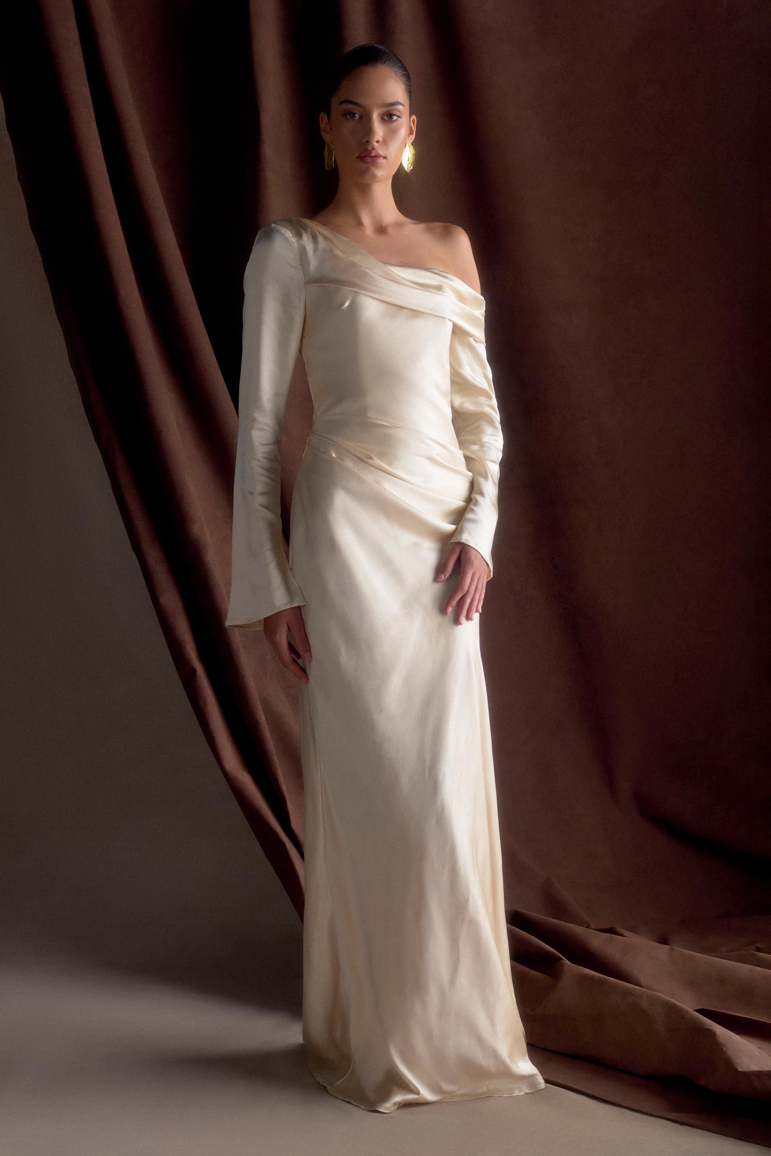 Iris Long Sleeve Satin Maxi Dress - Blush Gold