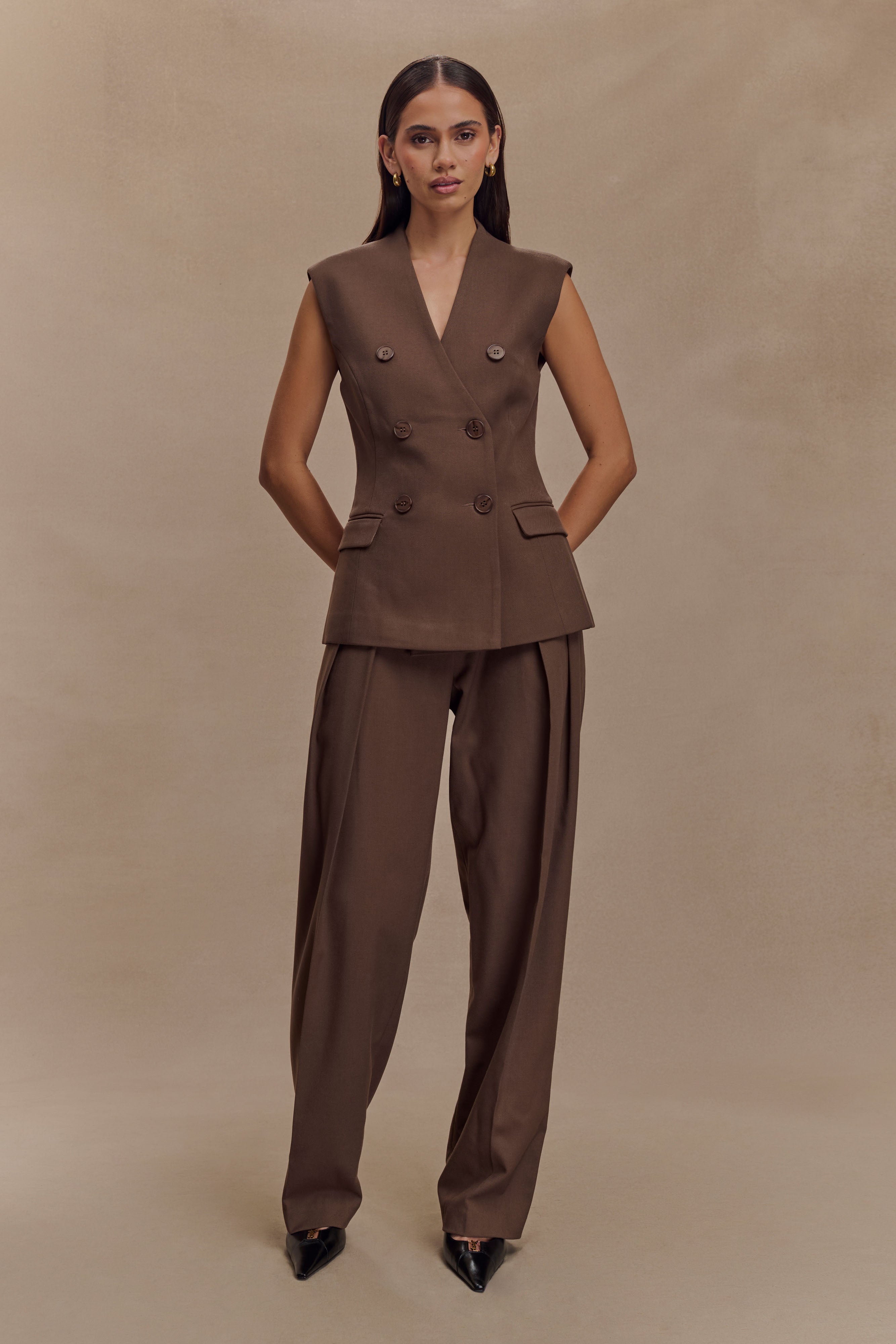 Penelope Suiting Sleeveless Blazer - Chocolate