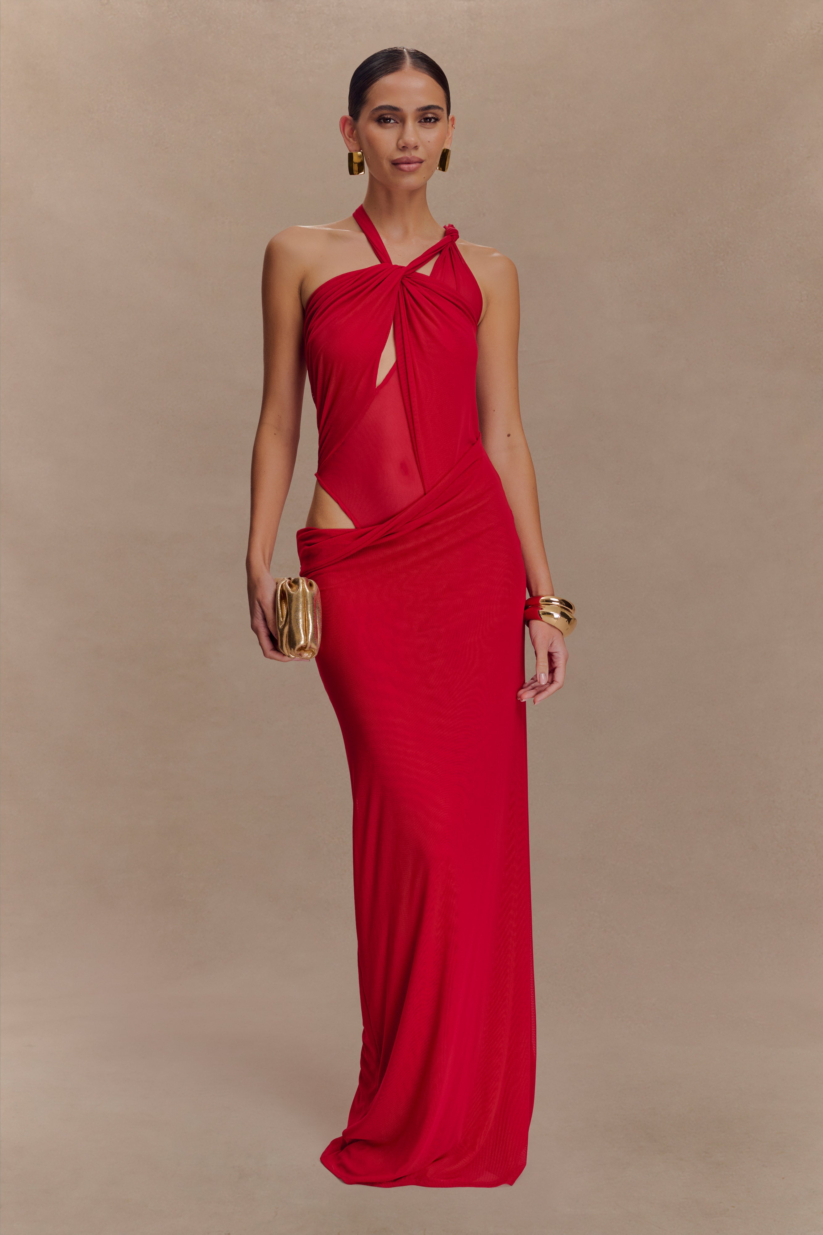 Edwina Knotted Mesh Maxi Dress - Red