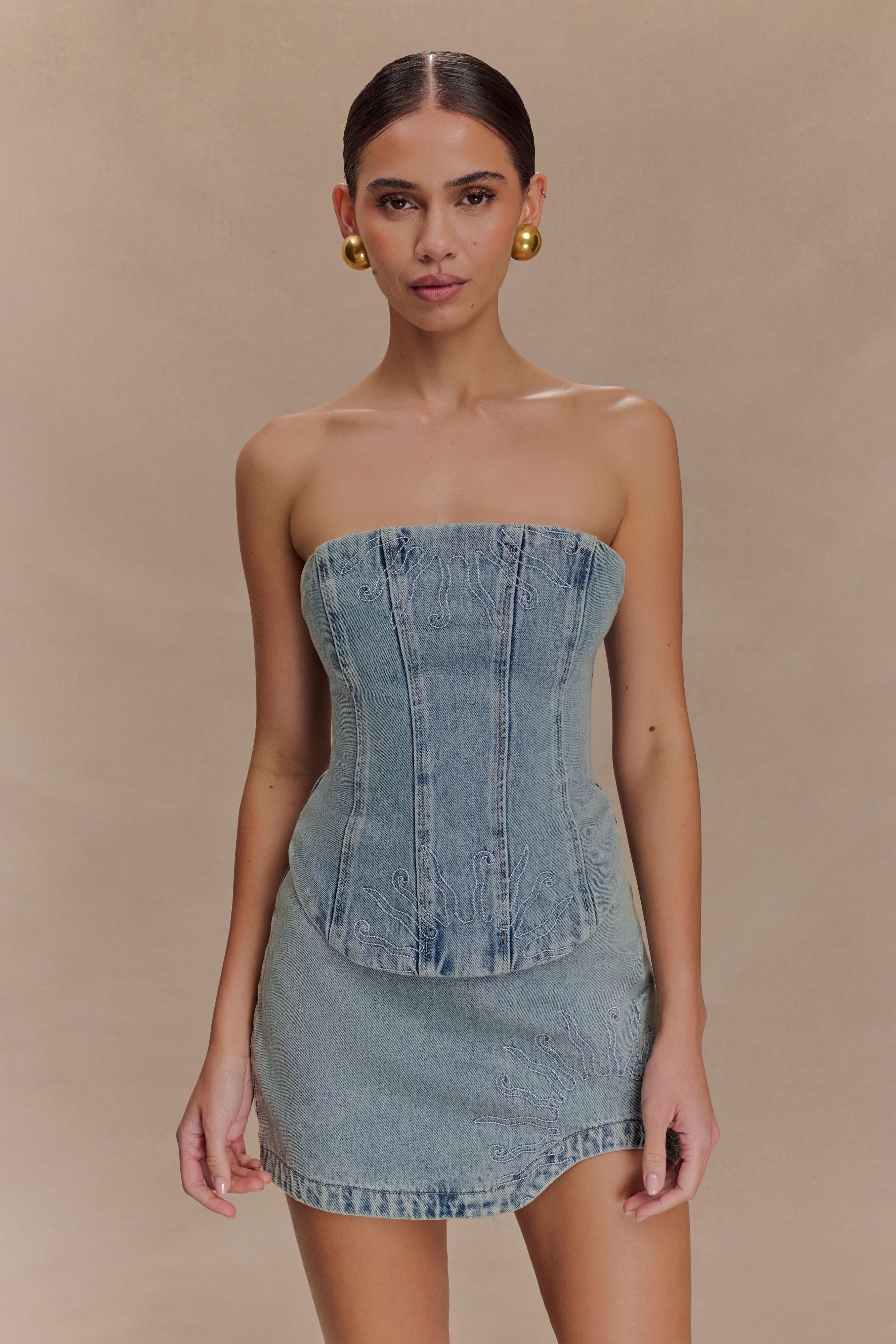 Alessia Embroidered Denim Mini Skirt - Light Vintage