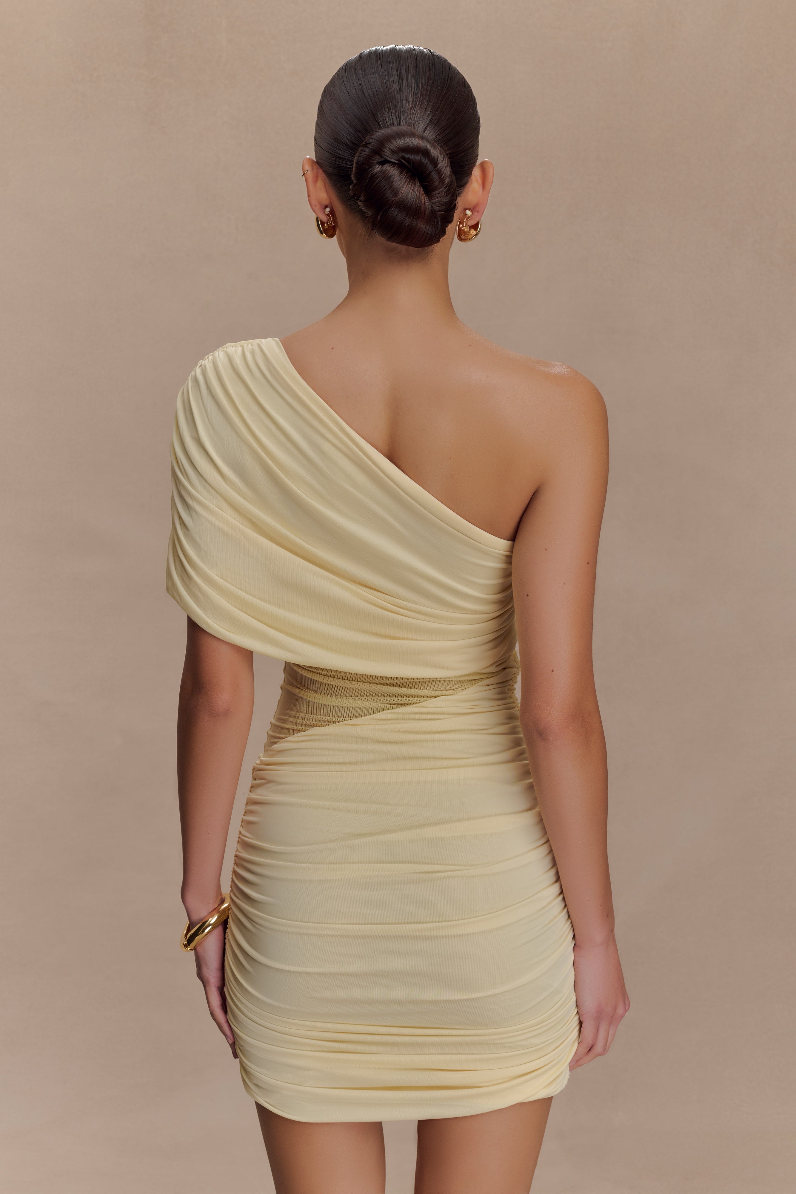 Dallas One Shoulder Mesh Mini Dress - Lemon