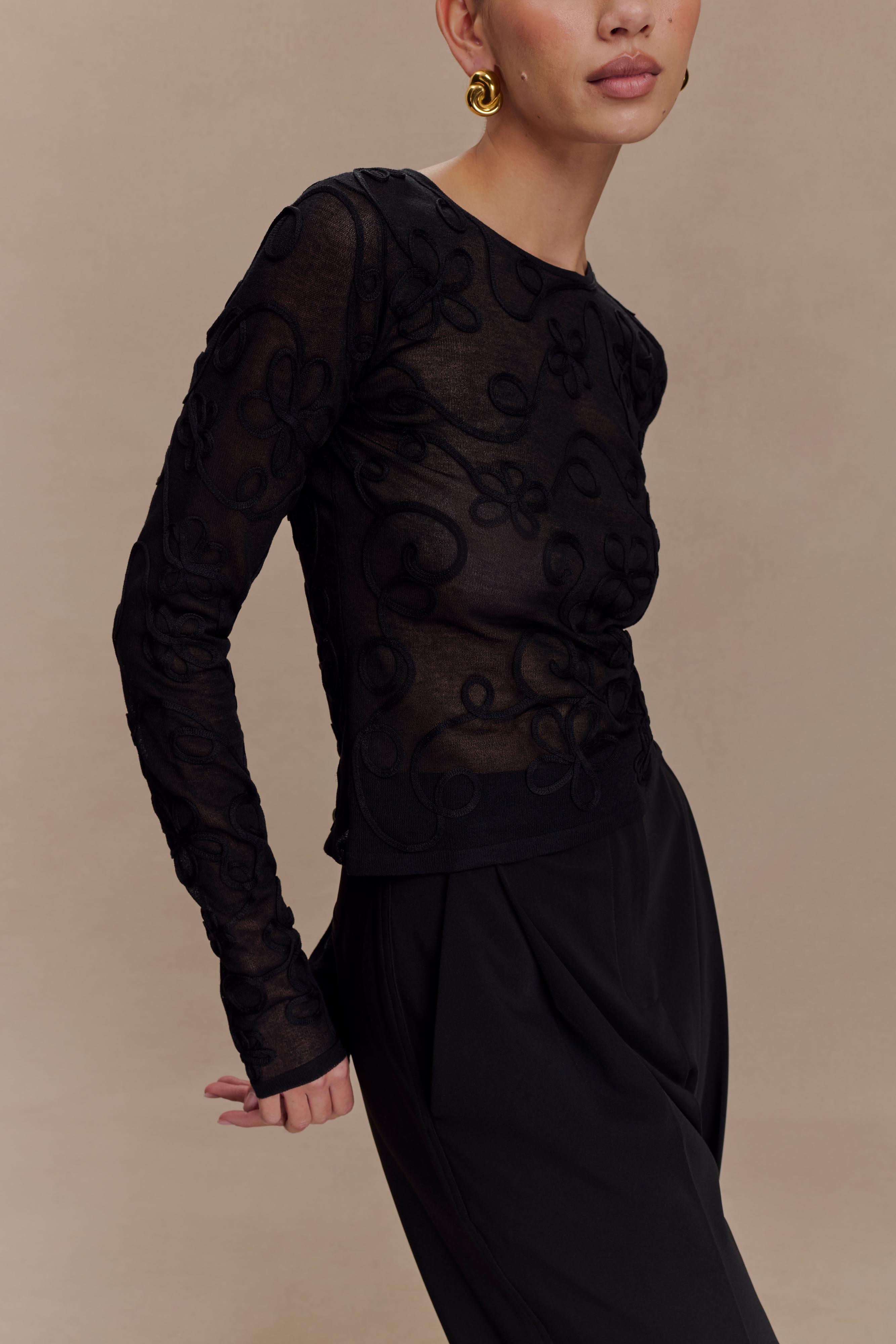 Omari Embroidery Long Sleeve Knit Top - Black