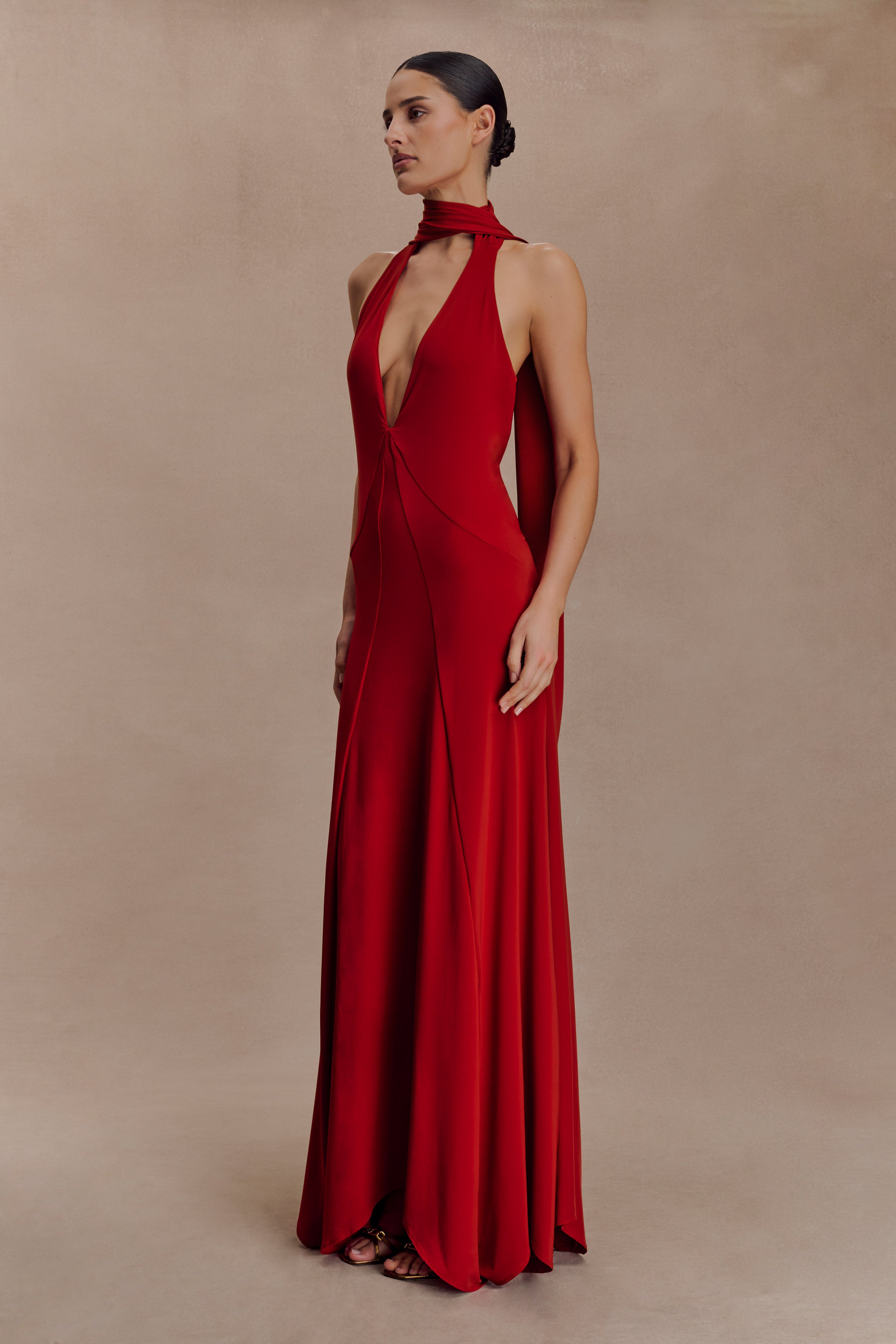 Juliet Slinky Maxi Dress With Scarf - Ruby