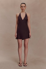 Regina Halter Lace And Satin Mini Dress - Chocolate